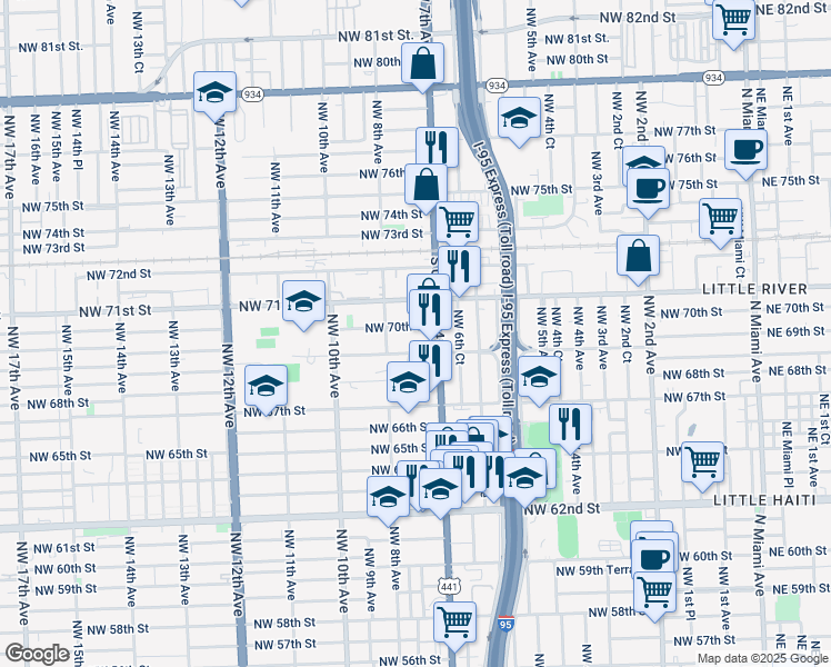 map of restaurants, bars, coffee shops, grocery stores, and more near 733 Northwest 70th Street in Miami