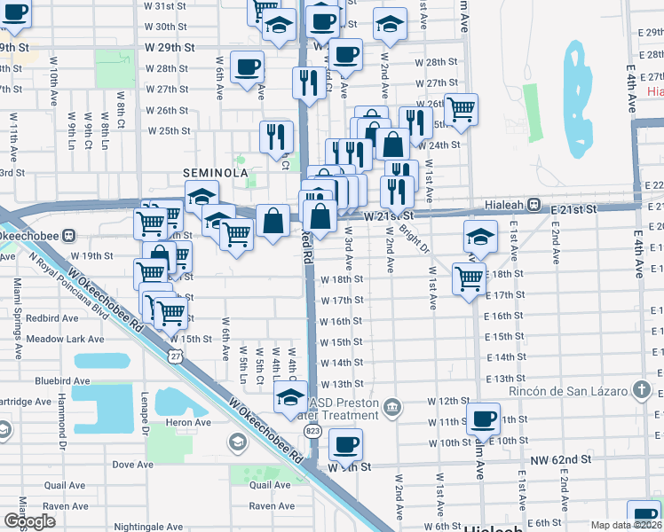 map of restaurants, bars, coffee shops, grocery stores, and more near 355 West 19th Street in Hialeah