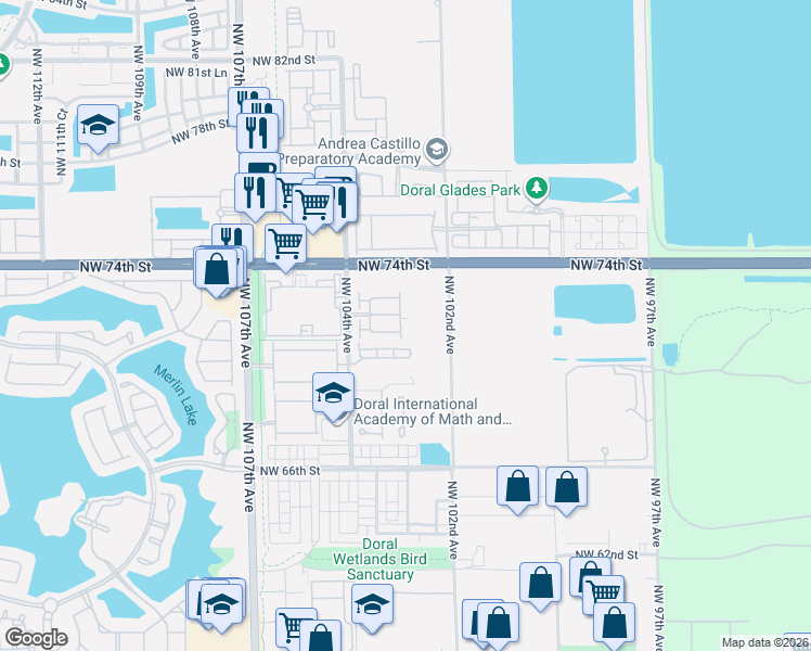 map of restaurants, bars, coffee shops, grocery stores, and more near 7205 Northwest 103rd Avenue in Doral