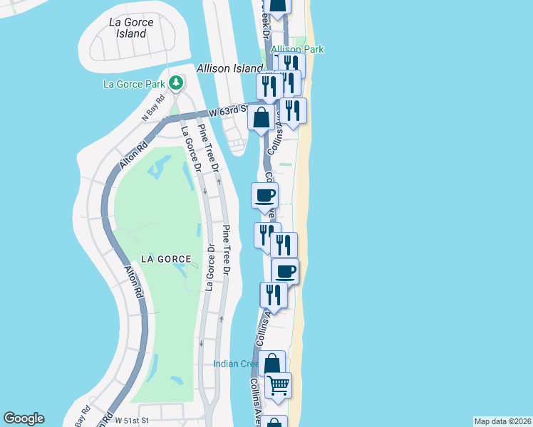 map of restaurants, bars, coffee shops, grocery stores, and more near 5750 Collins Avenue in Miami