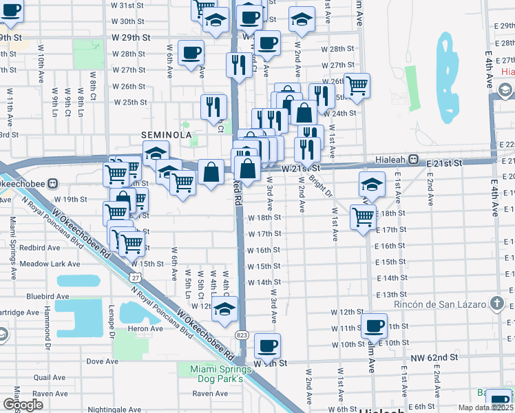 map of restaurants, bars, coffee shops, grocery stores, and more near 355 West 19th Street in Hialeah