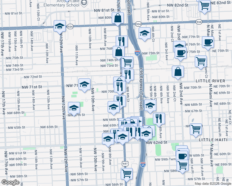map of restaurants, bars, coffee shops, grocery stores, and more near 733 Northwest 70th Street in Miami