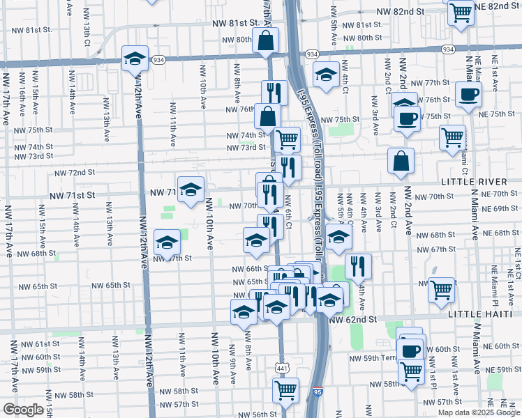 map of restaurants, bars, coffee shops, grocery stores, and more near 733 Northwest 70th Street in Miami