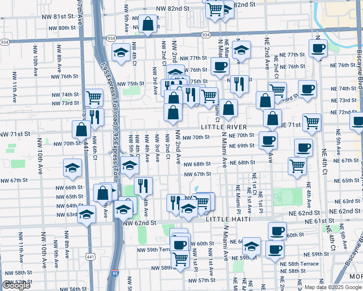 map of restaurants, bars, coffee shops, grocery stores, and more near 6975 Northwest 2nd Avenue in Miami
