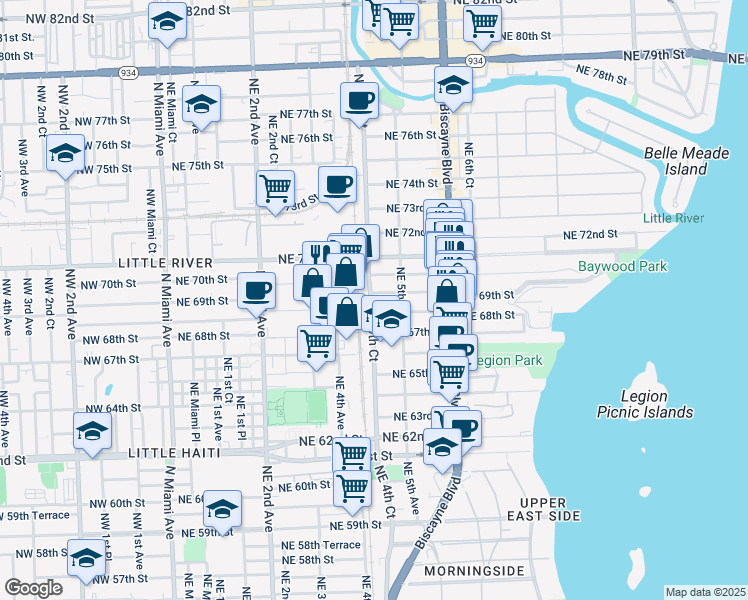 map of restaurants, bars, coffee shops, grocery stores, and more near 469 Northeast 69th Street in Miami