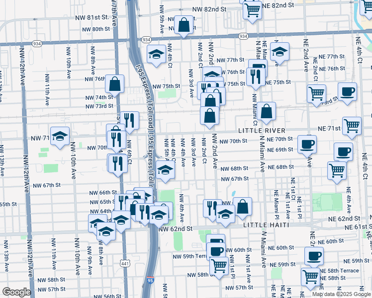 map of restaurants, bars, coffee shops, grocery stores, and more near 6940 Northwest 4th Avenue in Miami