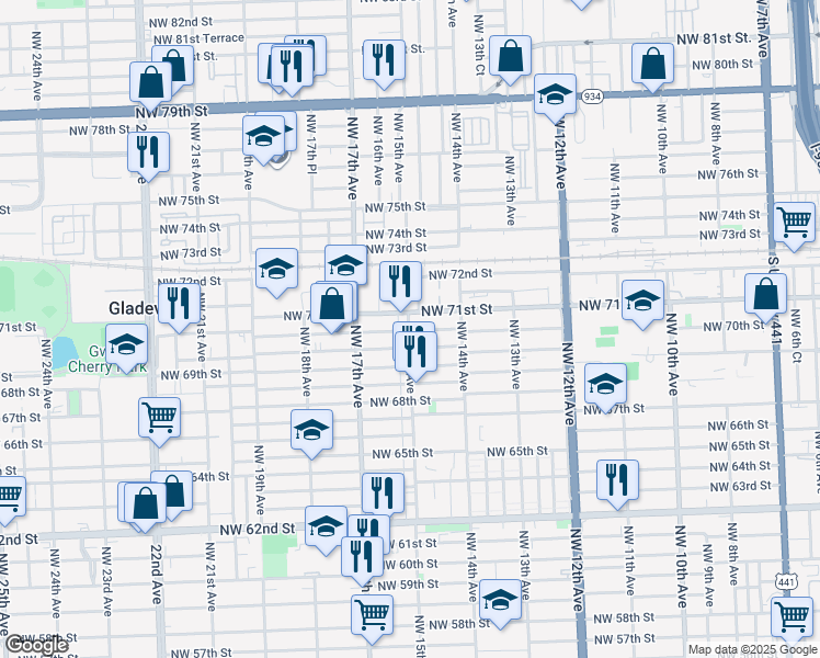 map of restaurants, bars, coffee shops, grocery stores, and more near 1492 Northwest 71st Street in Miami
