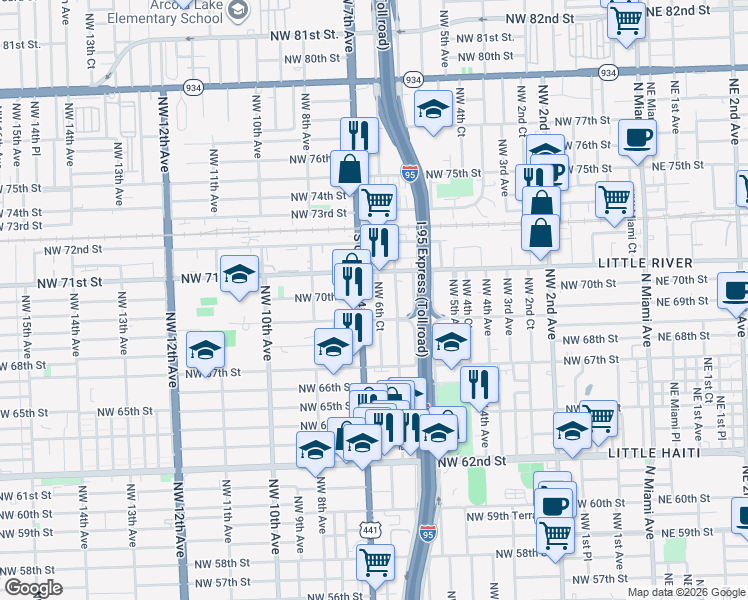 map of restaurants, bars, coffee shops, grocery stores, and more near 7012 Northwest 6th Court in Miami