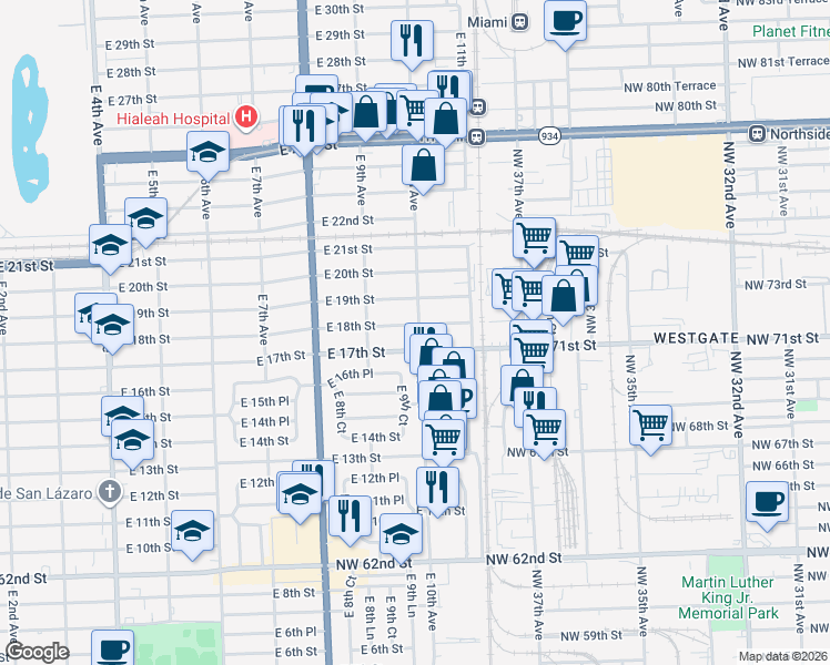map of restaurants, bars, coffee shops, grocery stores, and more near 991 East 18th Street in Hialeah
