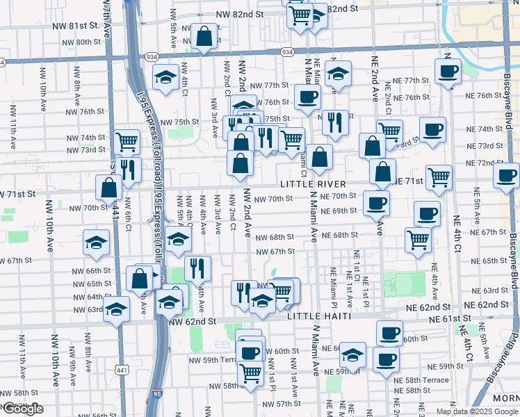 map of restaurants, bars, coffee shops, grocery stores, and more near 6975 Northwest 2nd Avenue in Miami