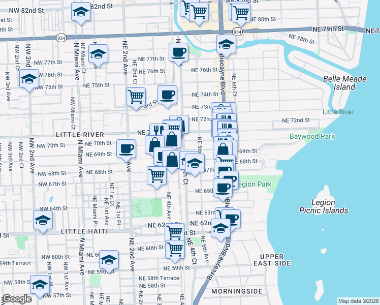 map of restaurants, bars, coffee shops, grocery stores, and more near 469 Northeast 69th Street in Miami