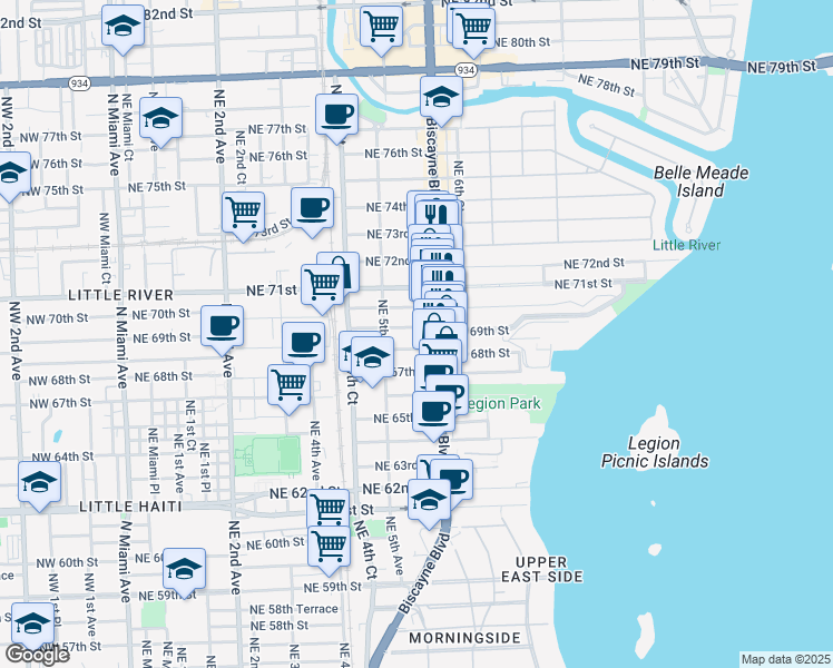 map of restaurants, bars, coffee shops, grocery stores, and more near 560 Northeast 69th Street in Miami