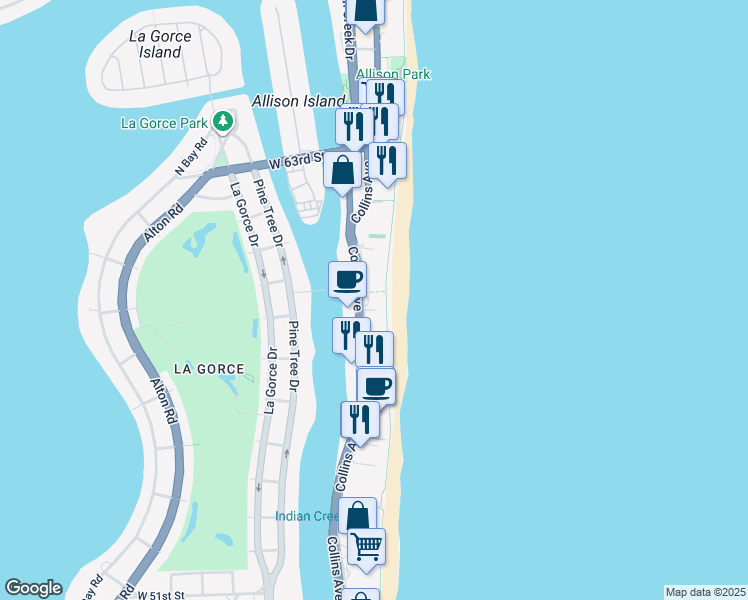 map of restaurants, bars, coffee shops, grocery stores, and more near 5750 Collins Avenue in Miami