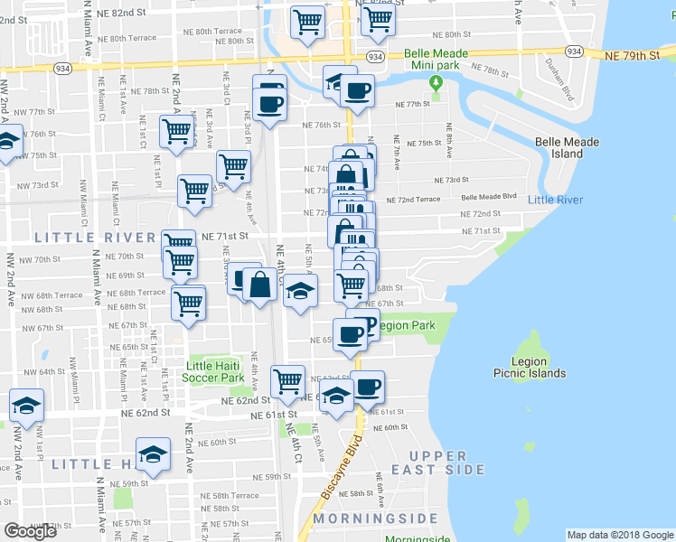 map of restaurants, bars, coffee shops, grocery stores, and more near 547 Northeast 69th Street in Miami