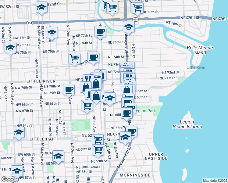 map of restaurants, bars, coffee shops, grocery stores, and more near 469 Northeast 69th Street in Miami