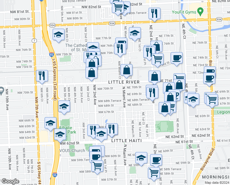 map of restaurants, bars, coffee shops, grocery stores, and more near 38 Northwest 70th Street in Miami