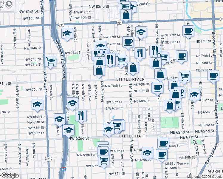 map of restaurants, bars, coffee shops, grocery stores, and more near 130 Northwest 70th Street in Miami