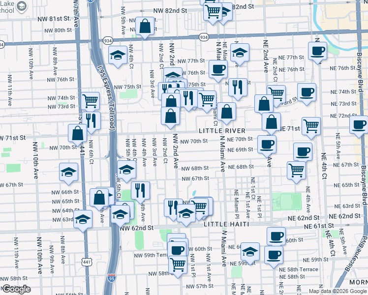 map of restaurants, bars, coffee shops, grocery stores, and more near 6975 Northwest 2nd Avenue in Miami