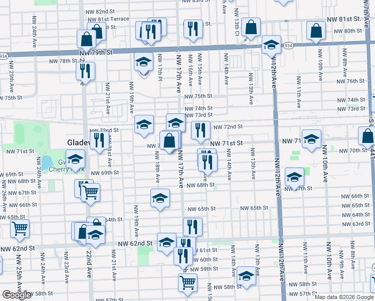 map of restaurants, bars, coffee shops, grocery stores, and more near 1564 Northwest 71st Street in Miami