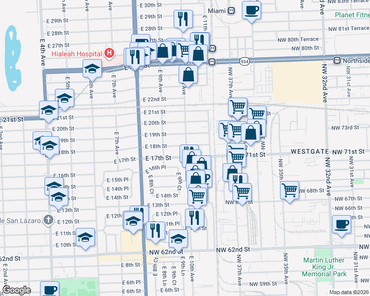 map of restaurants, bars, coffee shops, grocery stores, and more near 991 East 18th Street in Hialeah