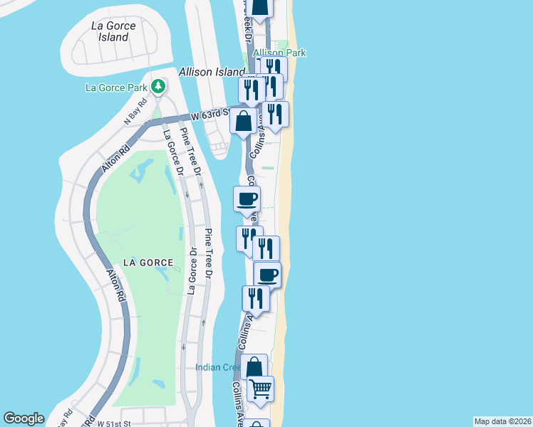 map of restaurants, bars, coffee shops, grocery stores, and more near 5750 Collins Avenue in Miami