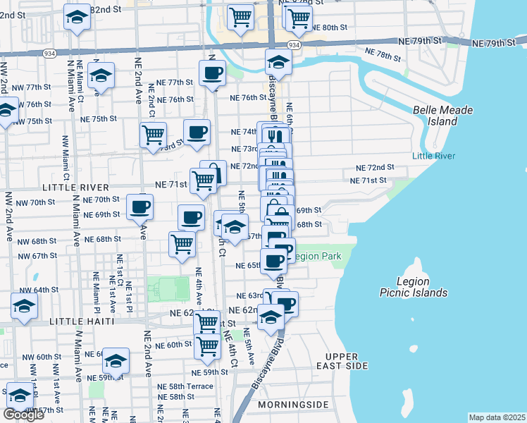 map of restaurants, bars, coffee shops, grocery stores, and more near 547 Northeast 69th Street in Miami