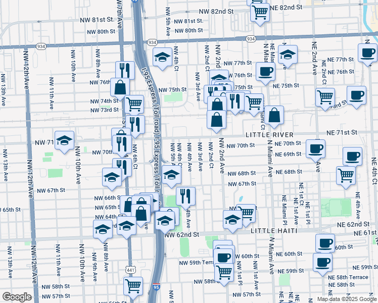 map of restaurants, bars, coffee shops, grocery stores, and more near 6940 Northwest 4th Avenue in Miami