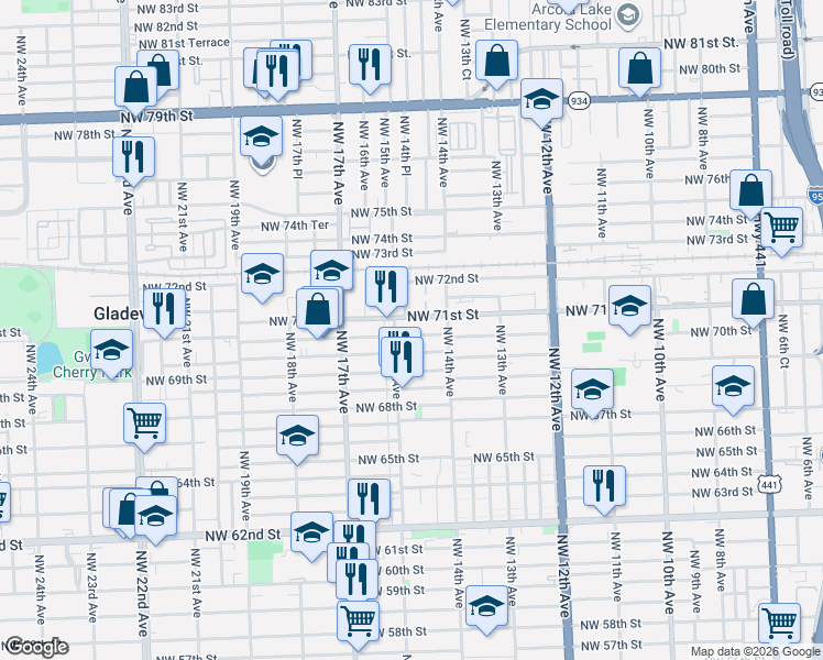 map of restaurants, bars, coffee shops, grocery stores, and more near 1492 Northwest 71st Street in Miami