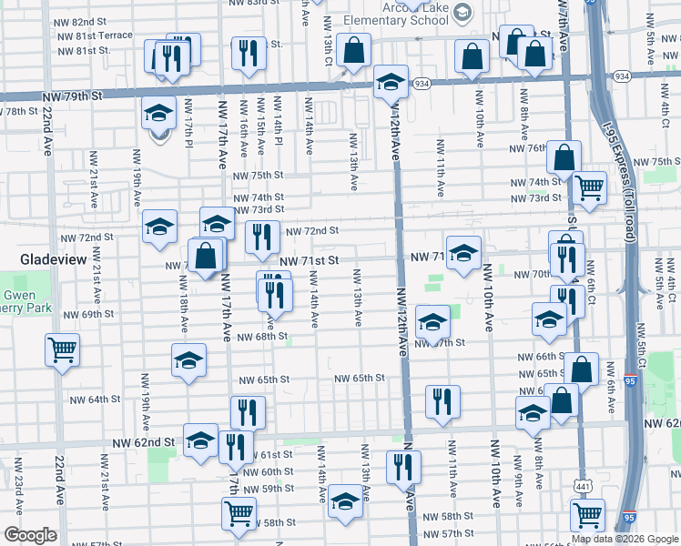 map of restaurants, bars, coffee shops, grocery stores, and more near 1342 Northwest 71st Street in Miami
