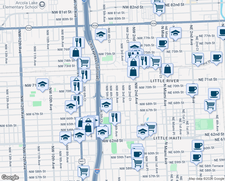map of restaurants, bars, coffee shops, grocery stores, and more near 6940 Northwest 4th Avenue in Miami