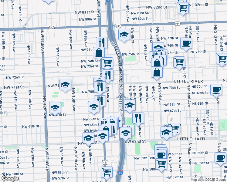 map of restaurants, bars, coffee shops, grocery stores, and more near 7012 Northwest 5th Place in Miami