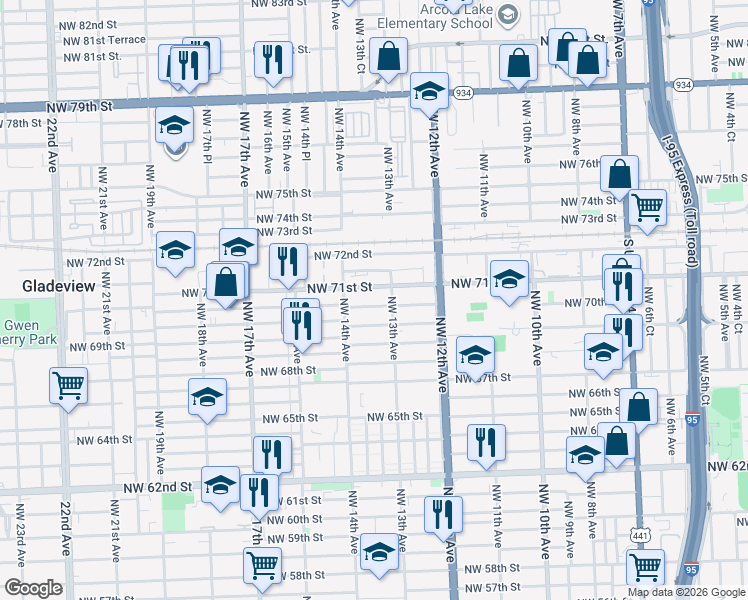 map of restaurants, bars, coffee shops, grocery stores, and more near 1342 Northwest 71st Street in Miami