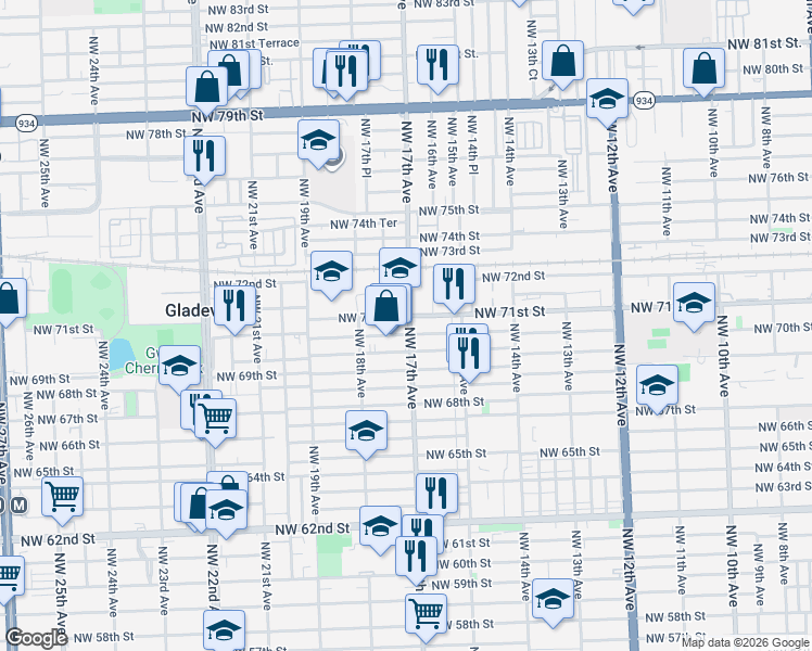 map of restaurants, bars, coffee shops, grocery stores, and more near 1736 Northwest 71st Street in Miami