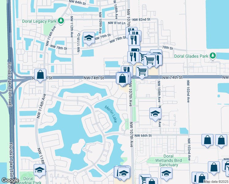 map of restaurants, bars, coffee shops, grocery stores, and more near 10900 Northwest 72nd Street in Doral