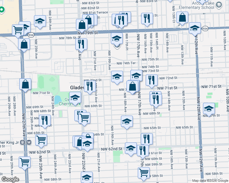 map of restaurants, bars, coffee shops, grocery stores, and more near in Gladeview