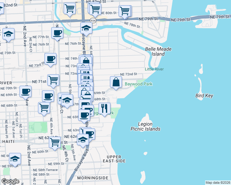 map of restaurants, bars, coffee shops, grocery stores, and more near 780 Northeast 69th Street in Miami