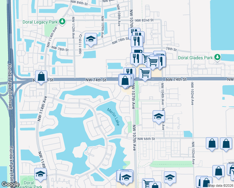 map of restaurants, bars, coffee shops, grocery stores, and more near 10900 Northwest 72nd Street in Doral