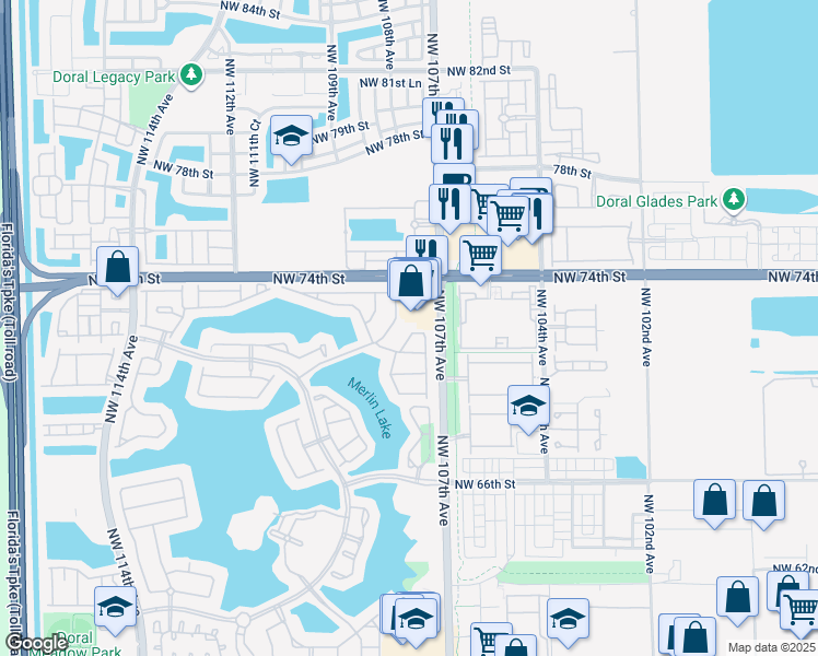 map of restaurants, bars, coffee shops, grocery stores, and more near 10769 Northwest 70th Lane in Doral