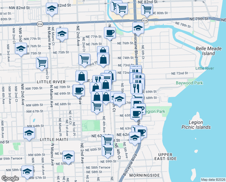 map of restaurants, bars, coffee shops, grocery stores, and more near 6936 Northeast 4th Avenue in Miami