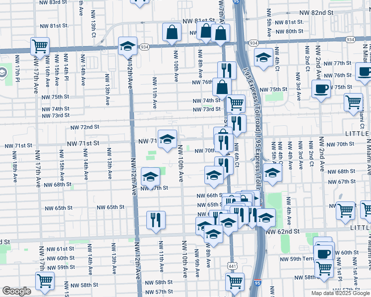 map of restaurants, bars, coffee shops, grocery stores, and more near 923 Northwest 70th Street in Miami