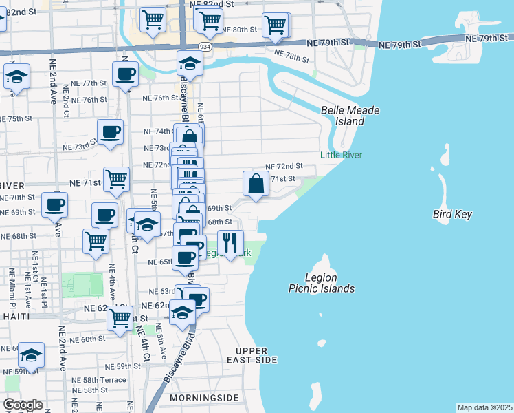 map of restaurants, bars, coffee shops, grocery stores, and more near 780 Northeast 69th Street in Miami