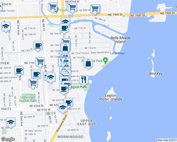 map of restaurants, bars, coffee shops, grocery stores, and more near 780 Northeast 69th Street in Miami