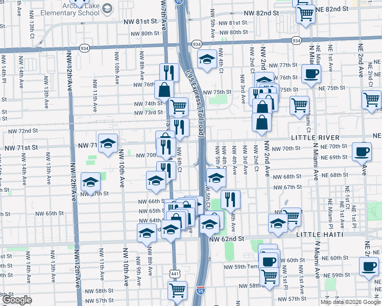 map of restaurants, bars, coffee shops, grocery stores, and more near 7012 Northwest 5th Place in Miami