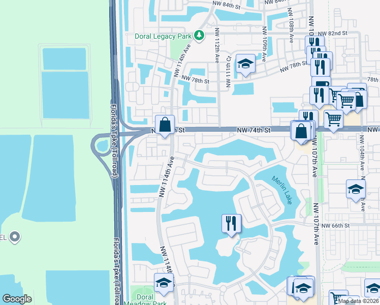 map of restaurants, bars, coffee shops, grocery stores, and more near 7251 Northwest 113th Court in Doral