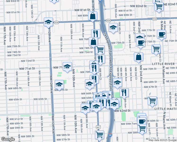 map of restaurants, bars, coffee shops, grocery stores, and more near 767 Northwest 70th Street in Miami