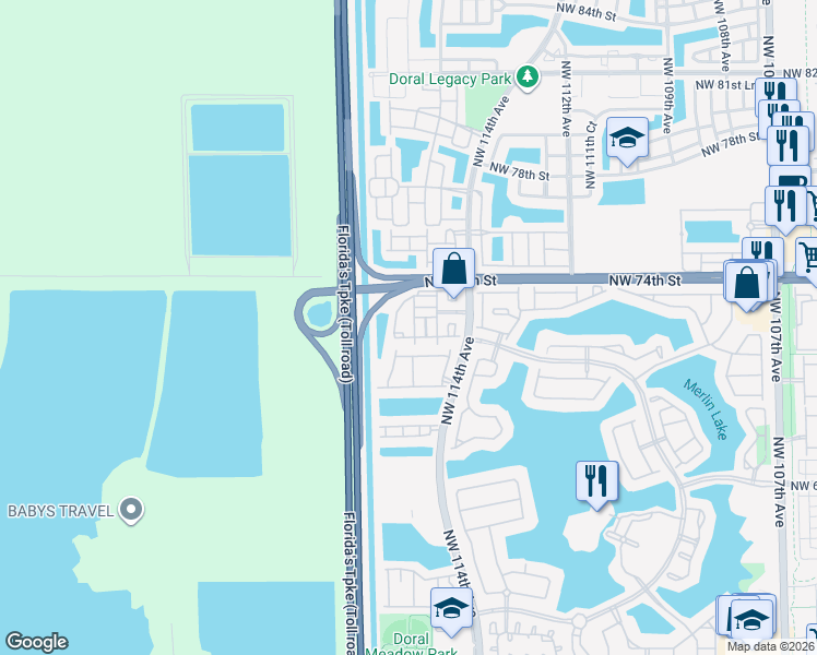 map of restaurants, bars, coffee shops, grocery stores, and more near 7300 Northwest 114th Avenue in Doral