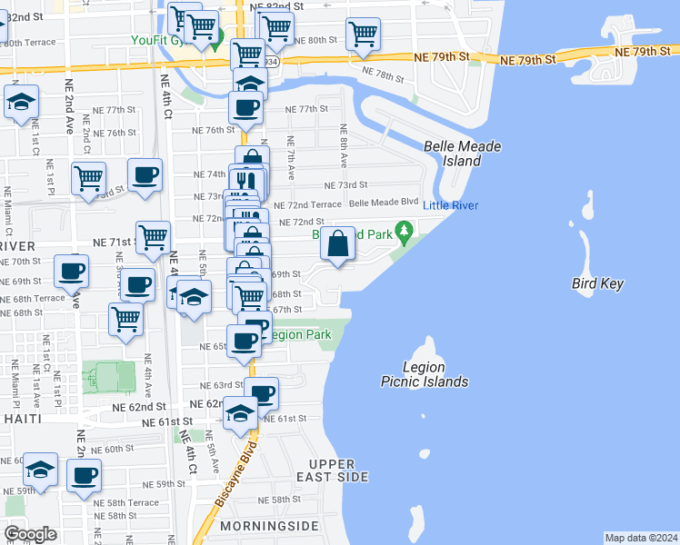 map of restaurants, bars, coffee shops, grocery stores, and more near 780 Northeast 69th Street in Miami