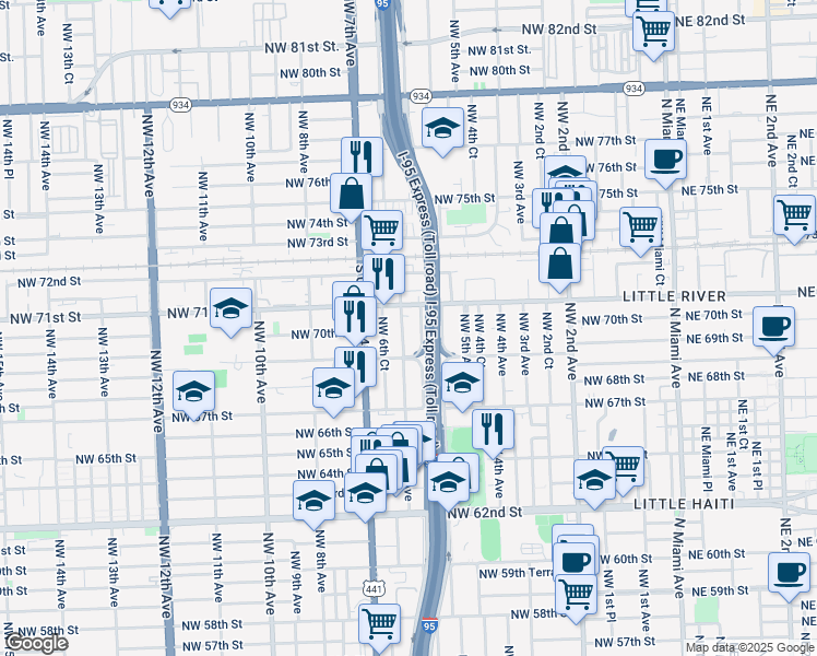 map of restaurants, bars, coffee shops, grocery stores, and more near 7012 Northwest 5th Place in Miami