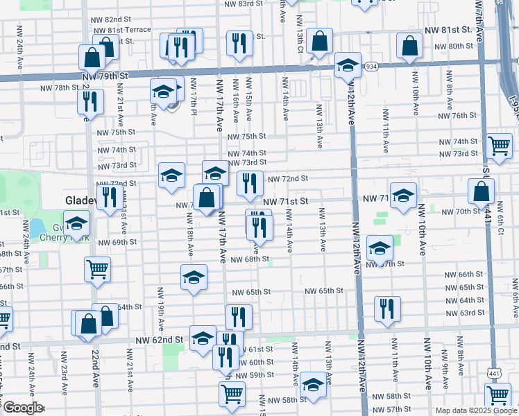 map of restaurants, bars, coffee shops, grocery stores, and more near 1492 Northwest 71st Street in Miami