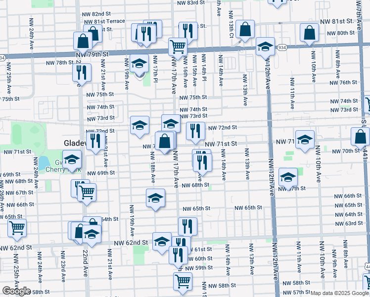 map of restaurants, bars, coffee shops, grocery stores, and more near 1564 Northwest 71st Street in Miami